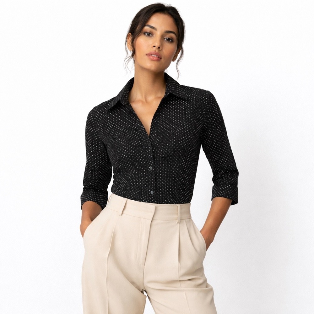 Anne Fontaine Polka Dot Button Front‎ Blouse Sz 1 Black Minimalist Preppy Office